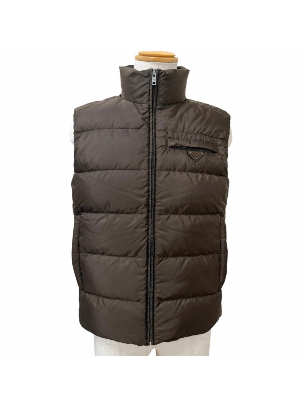 Prada Triangle Logo Re-Nylon Stand Collar Down Vest Brown 48